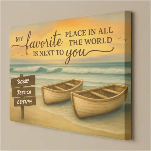 Personalized beach scene canvas print for couples titled My Favorite Place Is Next To You